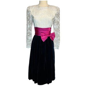 Vintage white lace and blue velvet dress with hot pink waist